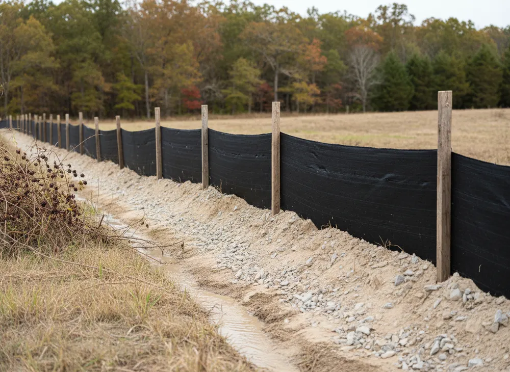 Silt banked against the upslope face of a silt fence