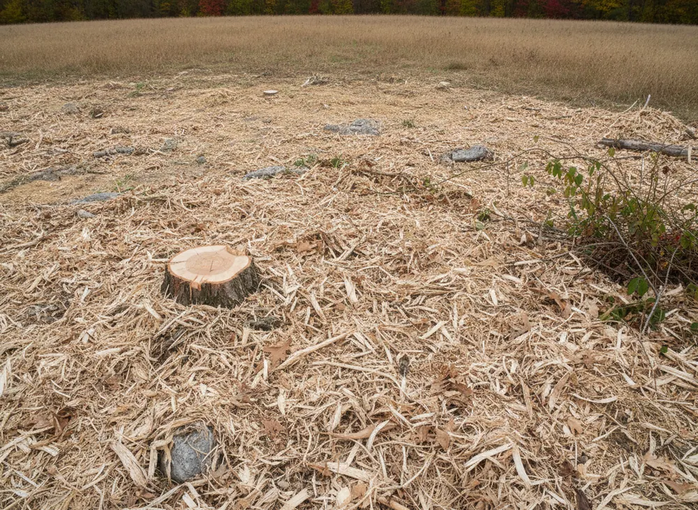 Shredded hardwood mulch lying thick over the ground with a cut collar flush at the surface