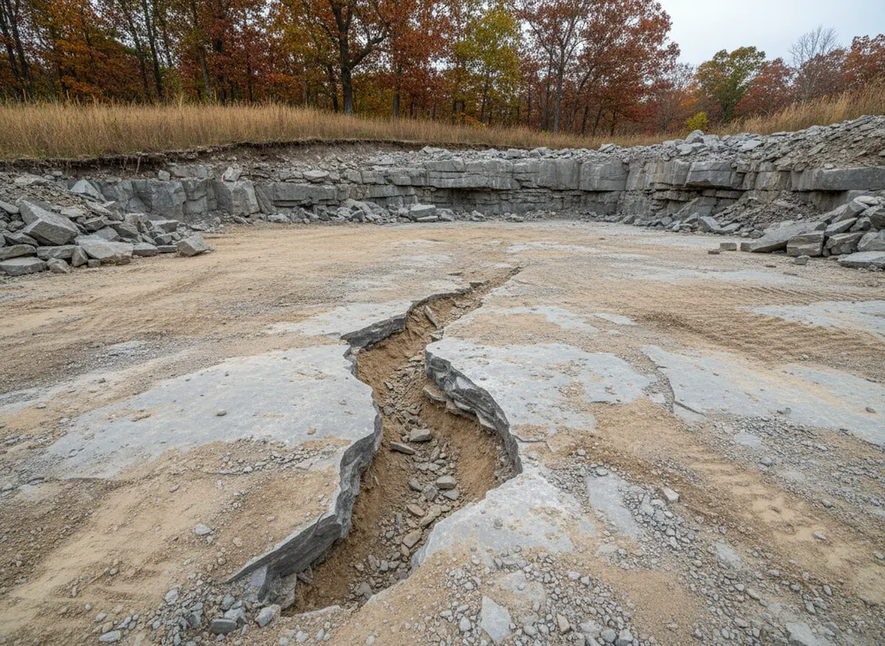 A soil filled solution slot opened in the limestone floor of a cut