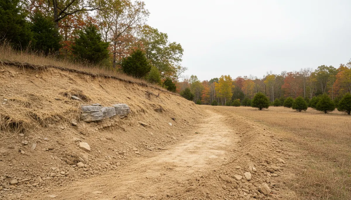 A benched hillside cut with a shaped swale falling to bottomland below