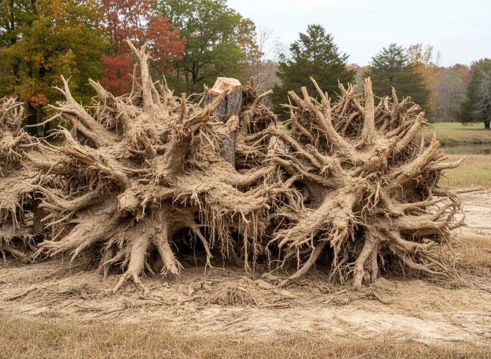 A stump pile with soil still hanging in the root mass
