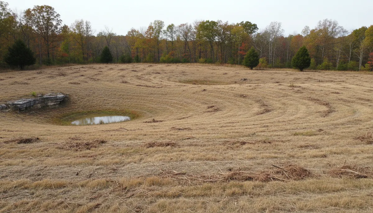 A rolling reclaimed field mulched to an even surface with cedars on the old edge
