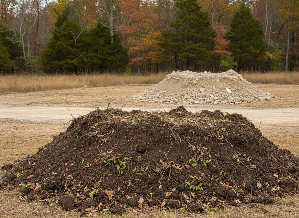 A dark topsoil stockpile kept separate from paler subsoil spoil