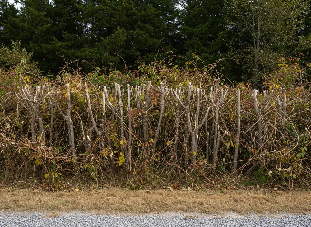 The cut face of a corridor edge in severed cane and honeysuckle stems