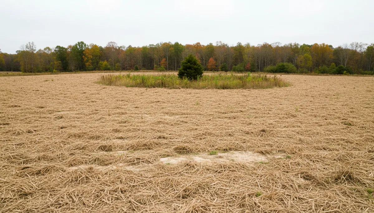 Near level acreage mulched to a uniform mat around a shallow closed depression