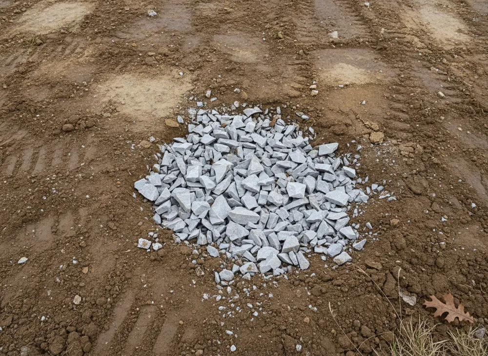 Roller pattern in damp silt loam beside a probed depression backfilled with stone