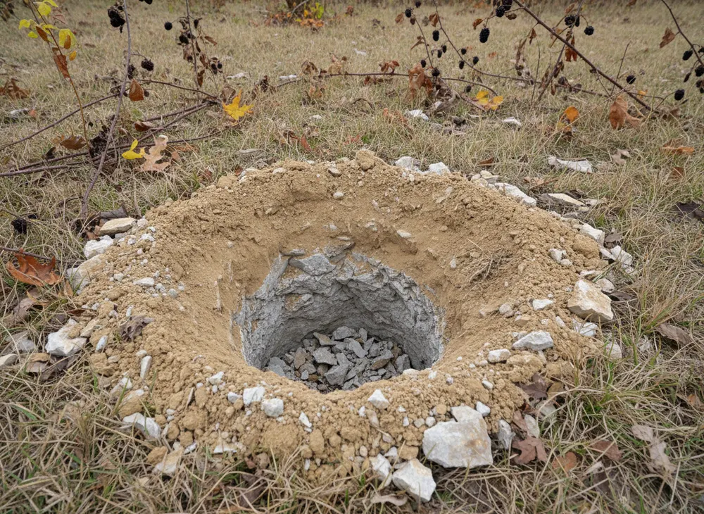 An augered post hole that has struck limestone with spoil ringed at the collar