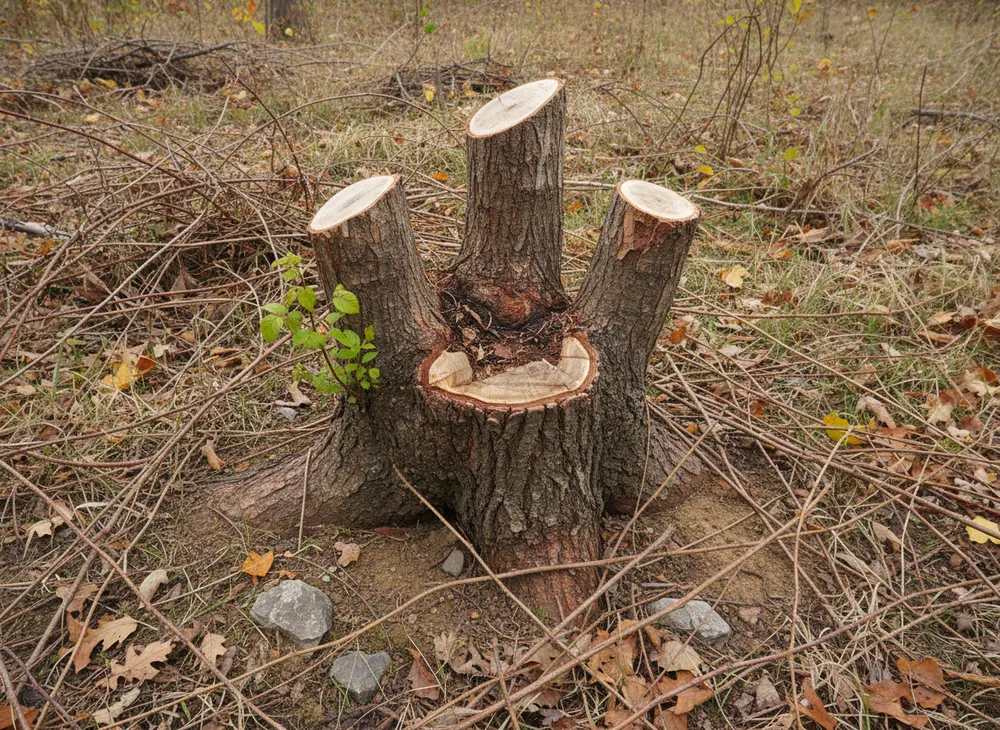 A cut multi stem maple stump with fresh sprouts ringing the collar