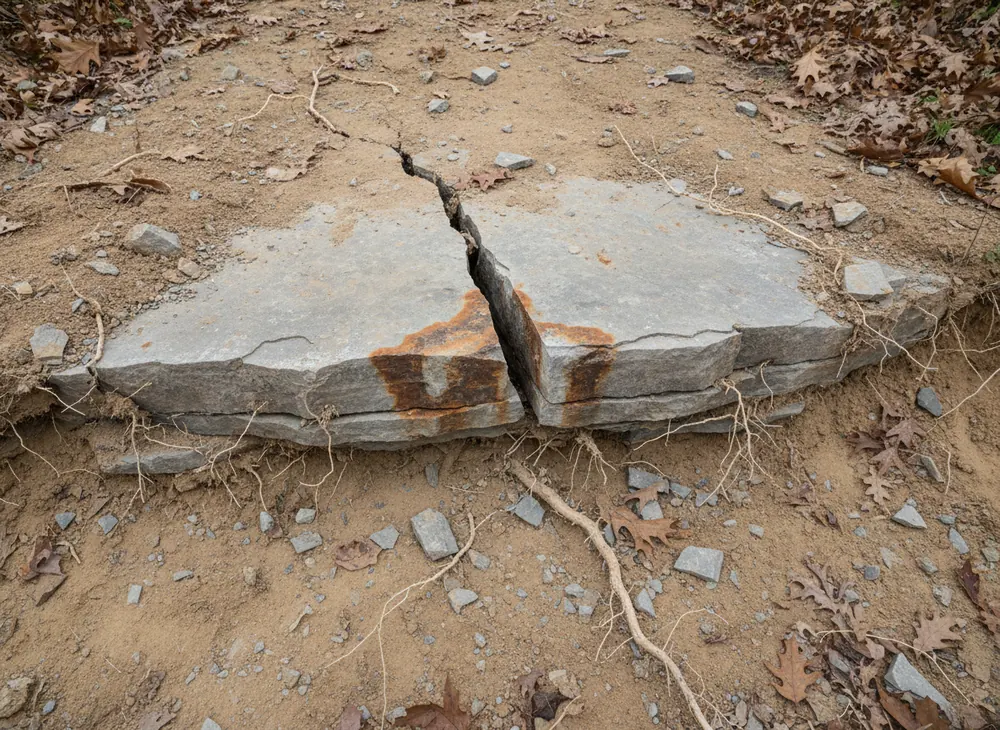 A grey limestone shelf and open fissure breaking through stripped subsoil