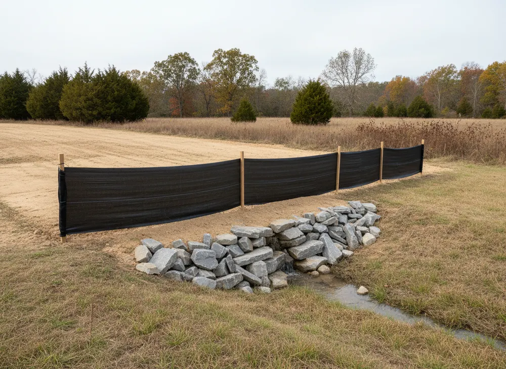 Silt fence and a limestone check dam with sediment banked behind them