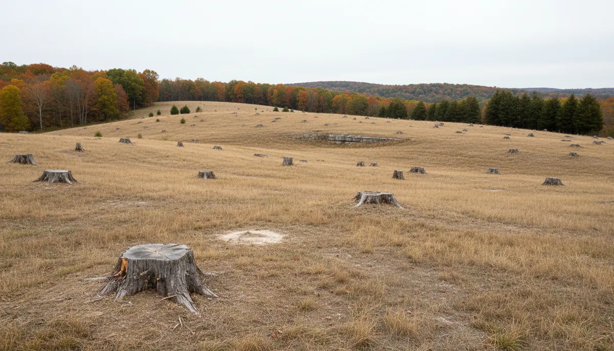 Weathered stumps of mixed diameter scattered across an open rolling field
