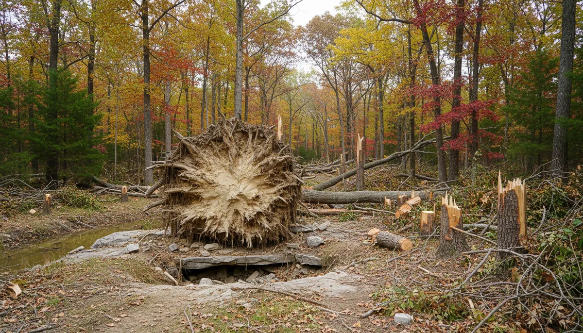 A lifted root plate standing over its void with snapped stems around it