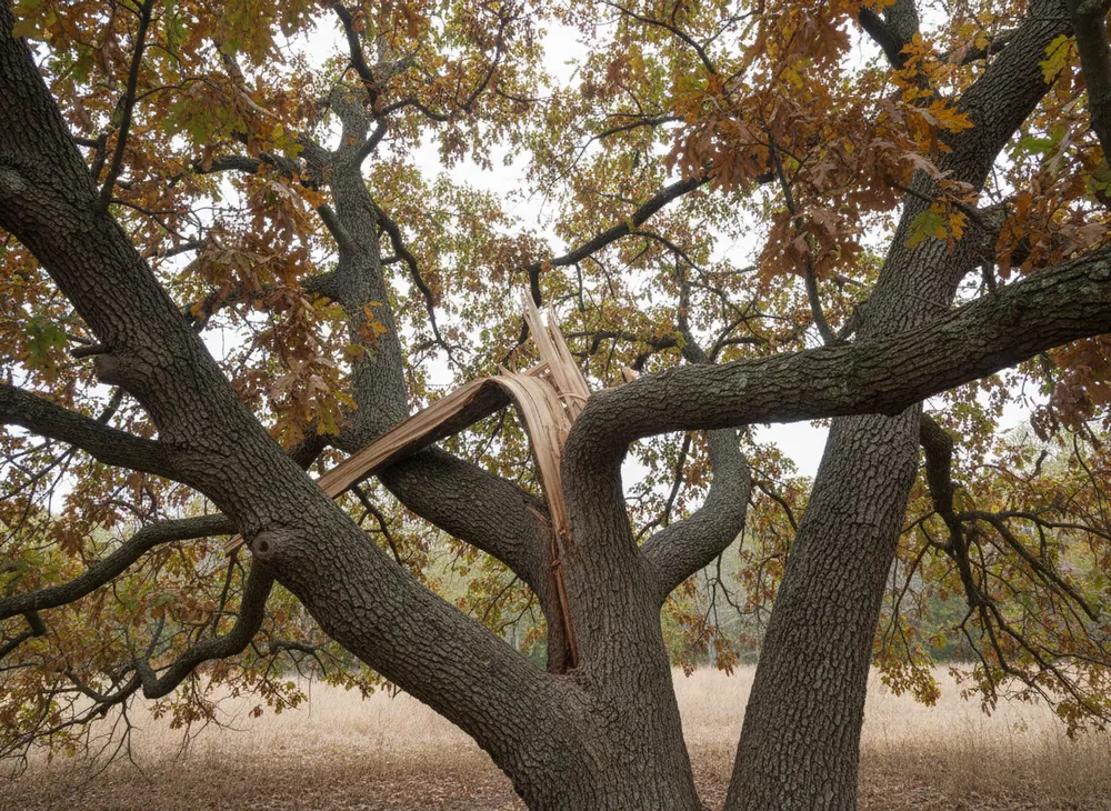 A broken limb hung up in a crown on splintered fibrous wood