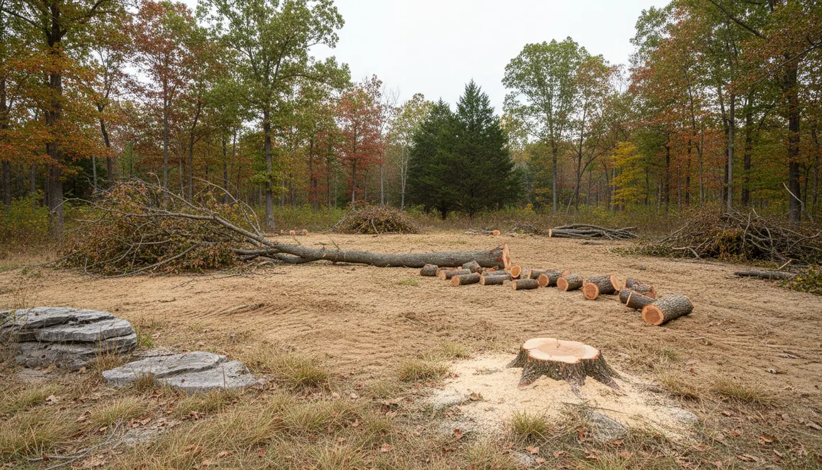 A felled stem cut to firewood lengths with the crown separated off