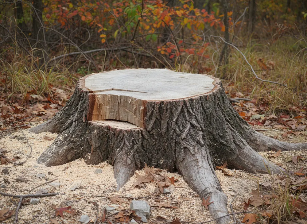 A fresh stump face showing hinge wood, saw kerf and growth rings